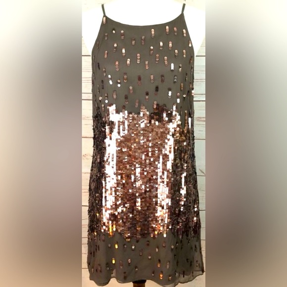 Parker Metallic Bronze & Rose Gold Sequin High Neck Silk Slip Shift Dress - Picture 1 of 8